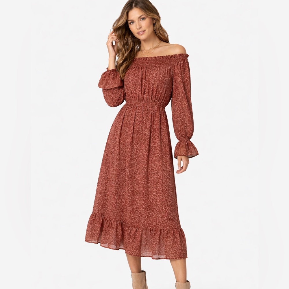 Böhme Rust Floral Boho Ruffle Midi Dress Small Long Sleeve Cottagecore feminine